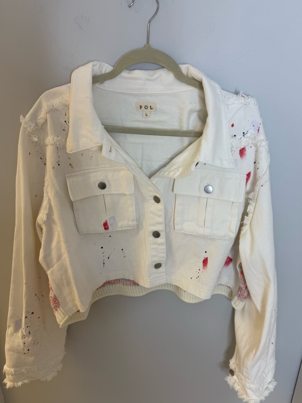 NWOT POL Cream Cropped Jacket with Red and Black Paint Details
